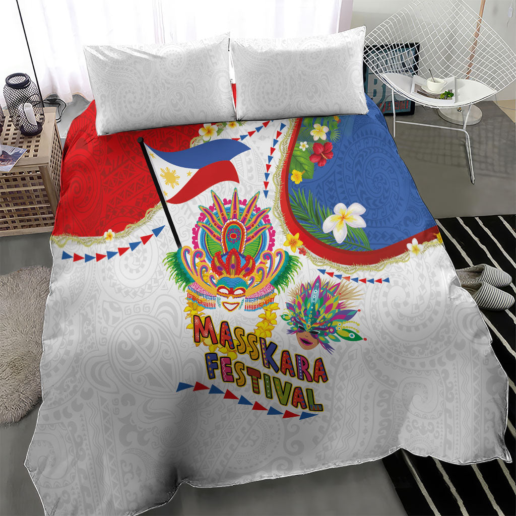 Philippines MassKara Festival Bedding Set Smile Masks with Hawaiian Art Pattern and Tropical Plants