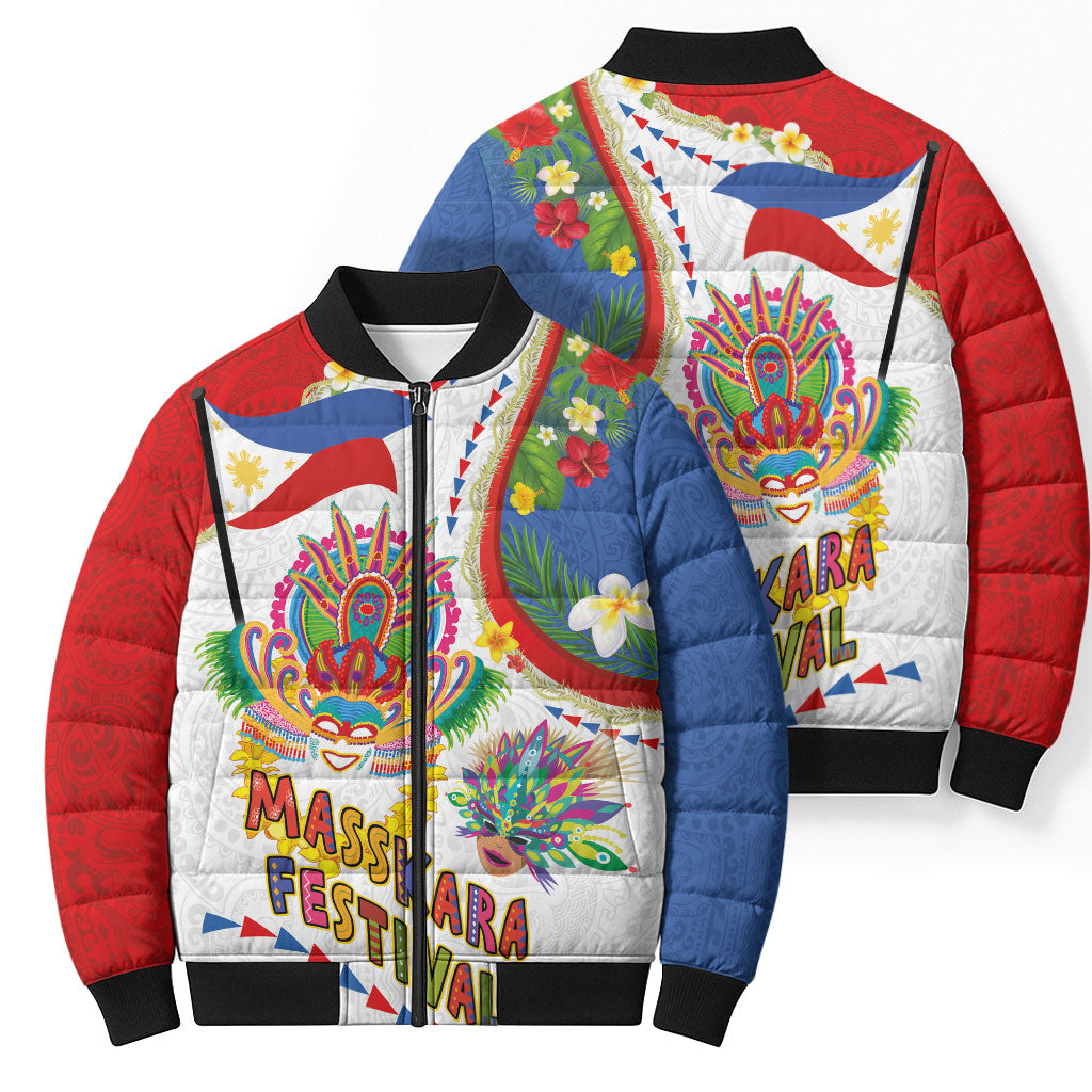 Philippines MassKara Festival Bomber Puffer Jacket Smile Masks with Hawaiian Art Pattern and Tropical Plants