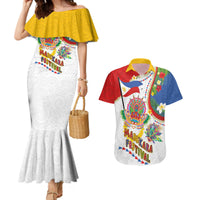 Philippines MassKara Festival Couples Matching Mermaid Dress and Hawaiian Shirt Smile Masks with Hawaiian Art Pattern and Tropical Plants LT03 Multicolor - Polynesian Pride