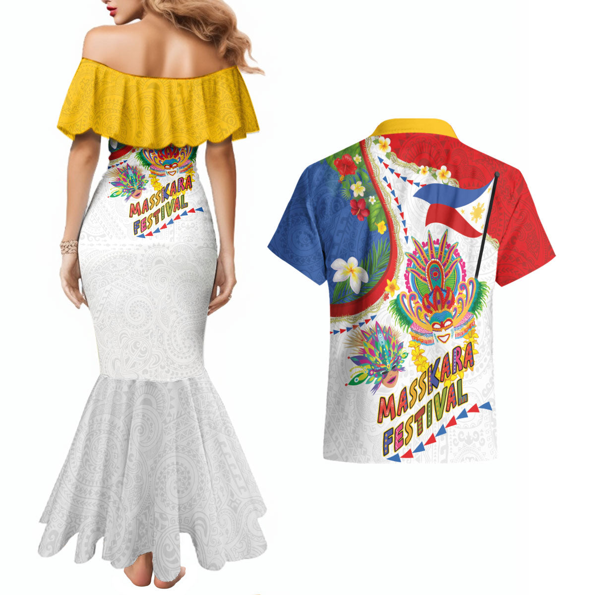 Philippines MassKara Festival Couples Matching Mermaid Dress and Hawaiian Shirt Smile Masks with Hawaiian Art Pattern and Tropical Plants LT03 - Polynesian Pride
