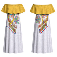 Philippines MassKara Festival Couples Matching Off Shoulder Maxi Dress and Long Sleeve Button Shirt Smile Masks with Hawaiian Art Pattern and Tropical Plants LT03 - Polynesian Pride