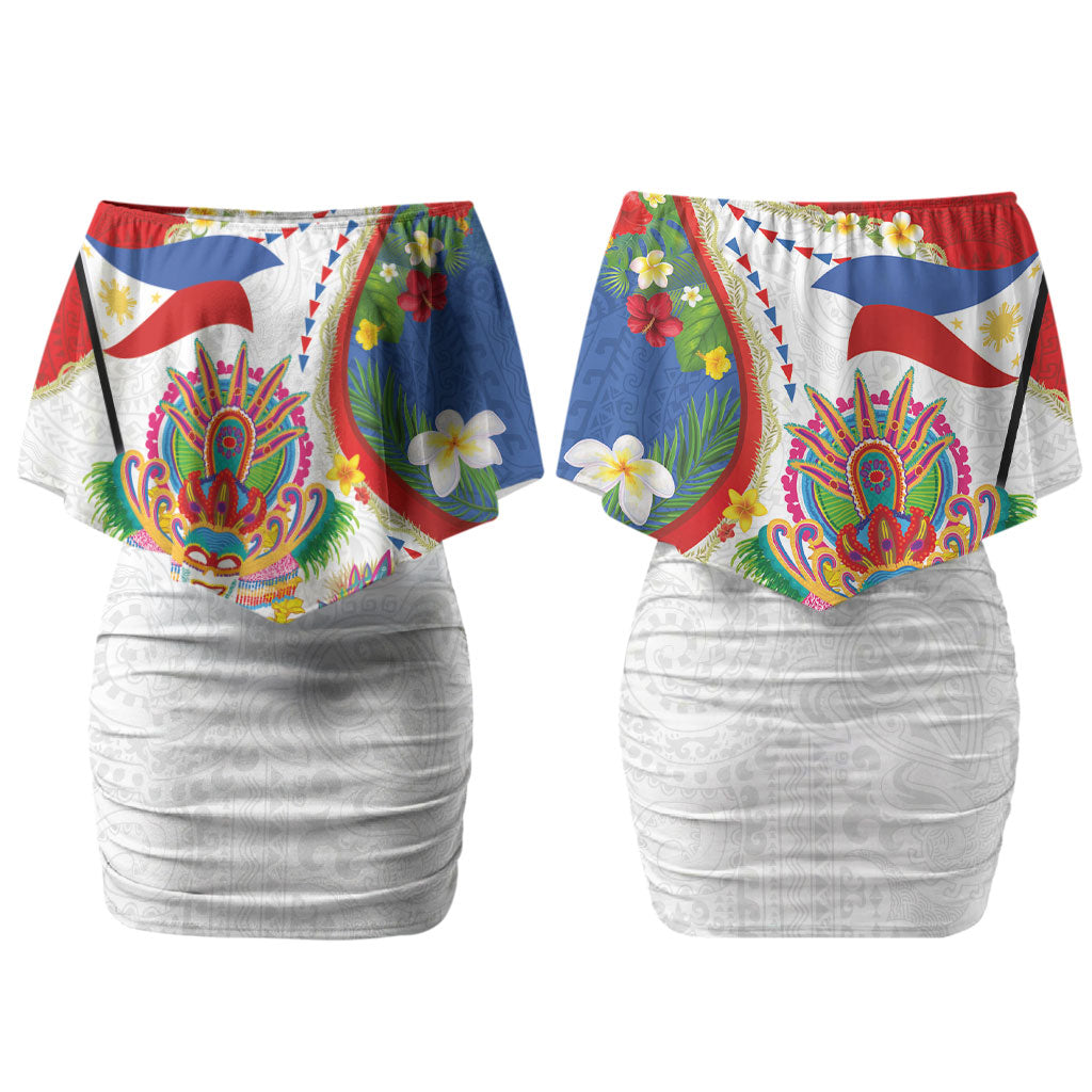 Philippines MassKara Festival Couples Matching Off Shoulder Short Dress and Long Sleeve Button Shirt Smile Masks with Hawaiian Art Pattern and Tropical Plants LT03 - Polynesian Pride