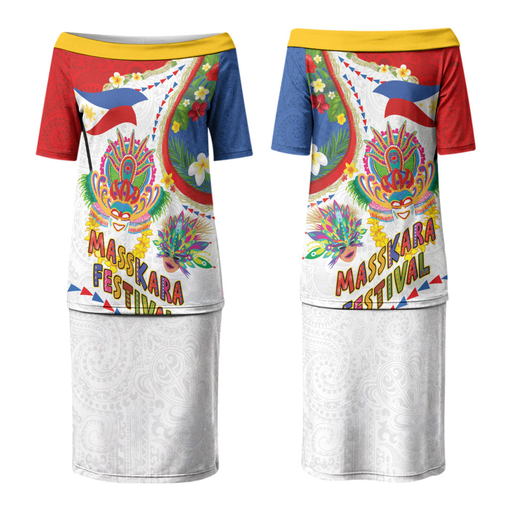 Philippines MassKara Festival Couples Matching Puletasi and Long Sleeve Button Shirt Smile Masks with Hawaiian Art Pattern and Tropical Plants LT03 - Polynesian Pride