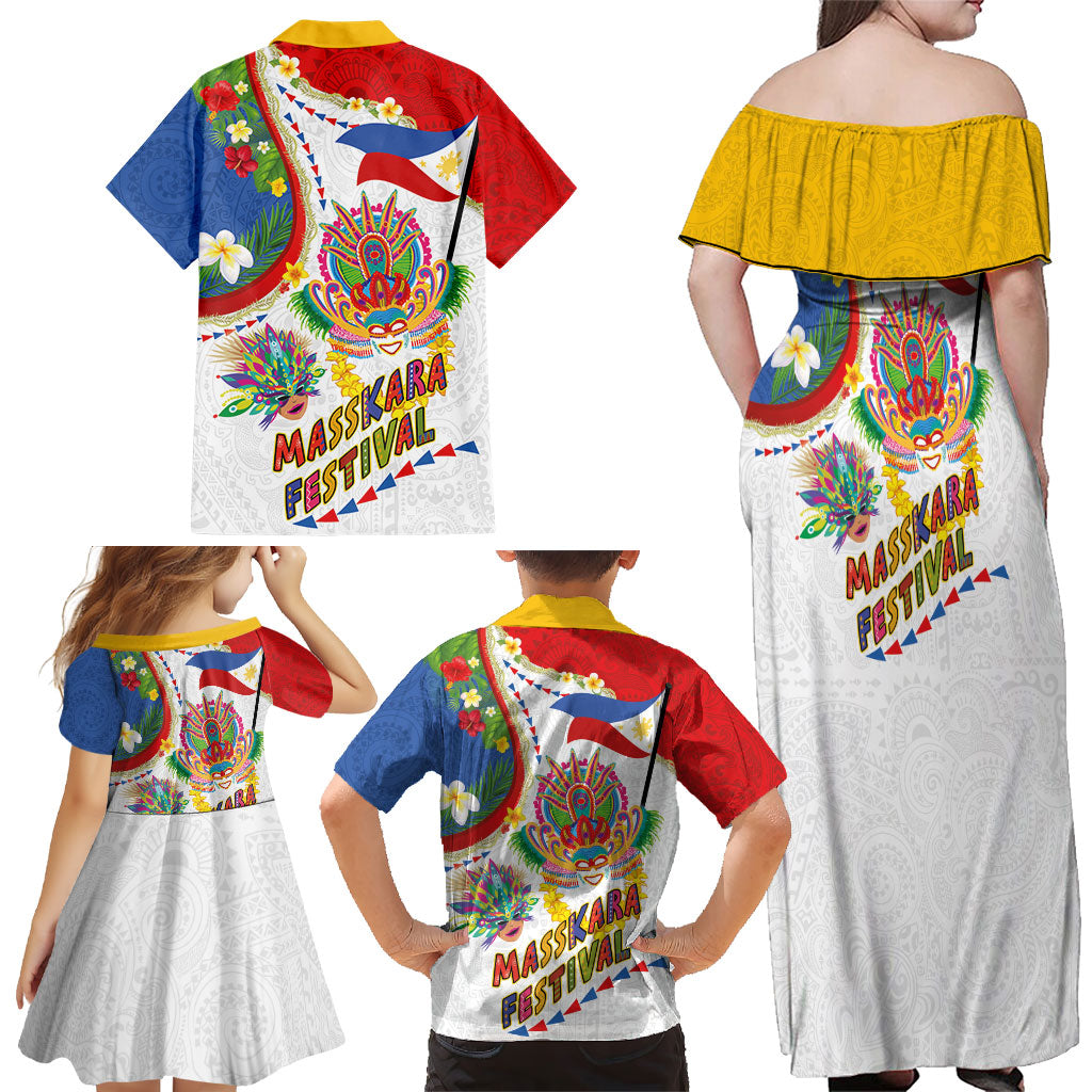 Philippines MassKara Festival Family Matching Off Shoulder Maxi Dress and Hawaiian Shirt Smile Masks with Hawaiian Art Pattern and Tropical Plants LT03 - Polynesian Pride