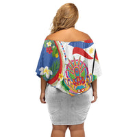 Philippines MassKara Festival Family Matching Off Shoulder Short Dress and Hawaiian Shirt Smile Masks with Hawaiian Art Pattern and Tropical Plants LT03 - Polynesian Pride