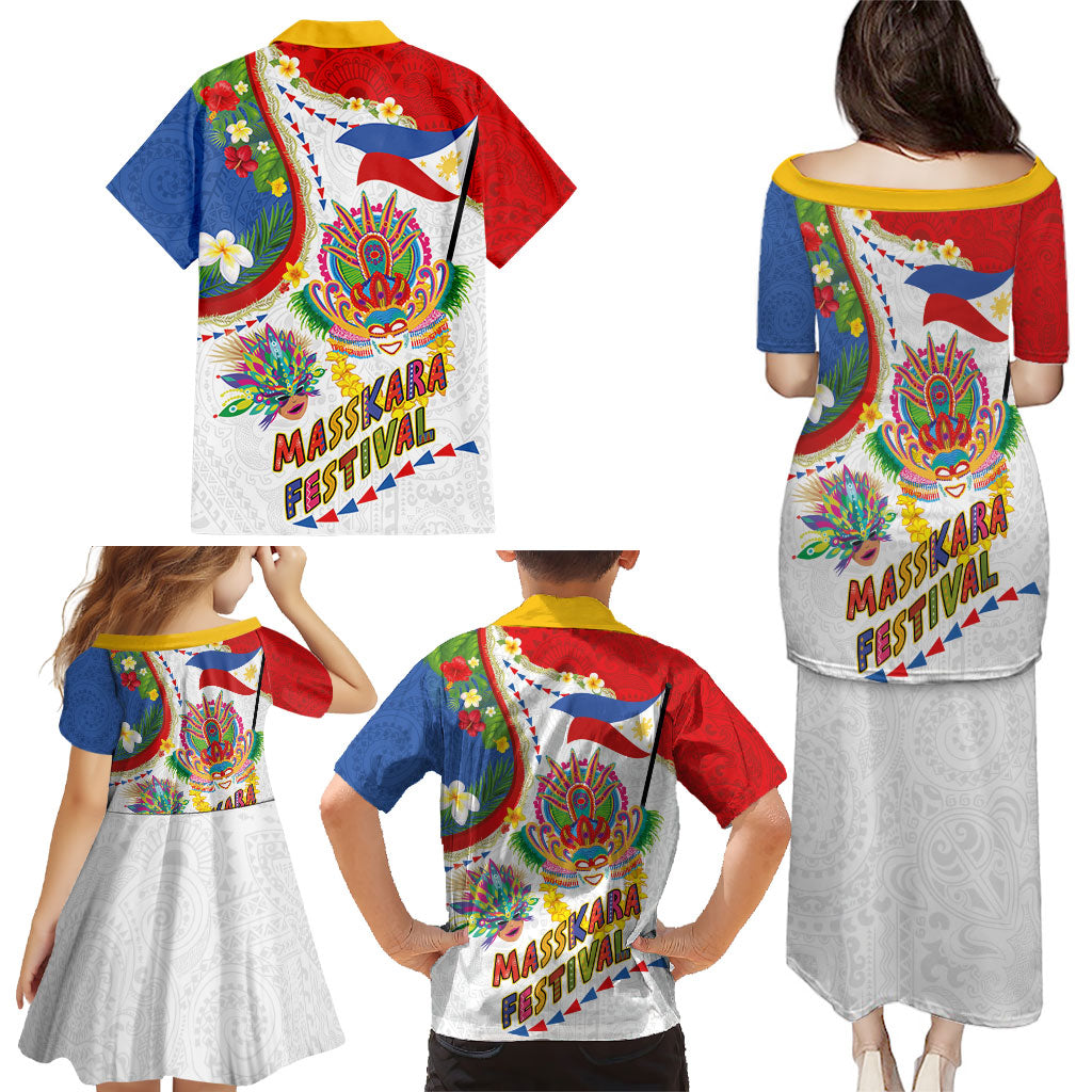 Philippines MassKara Festival Family Matching Puletasi and Hawaiian Shirt Smile Masks with Hawaiian Art Pattern and Tropical Plants LT03 - Polynesian Pride