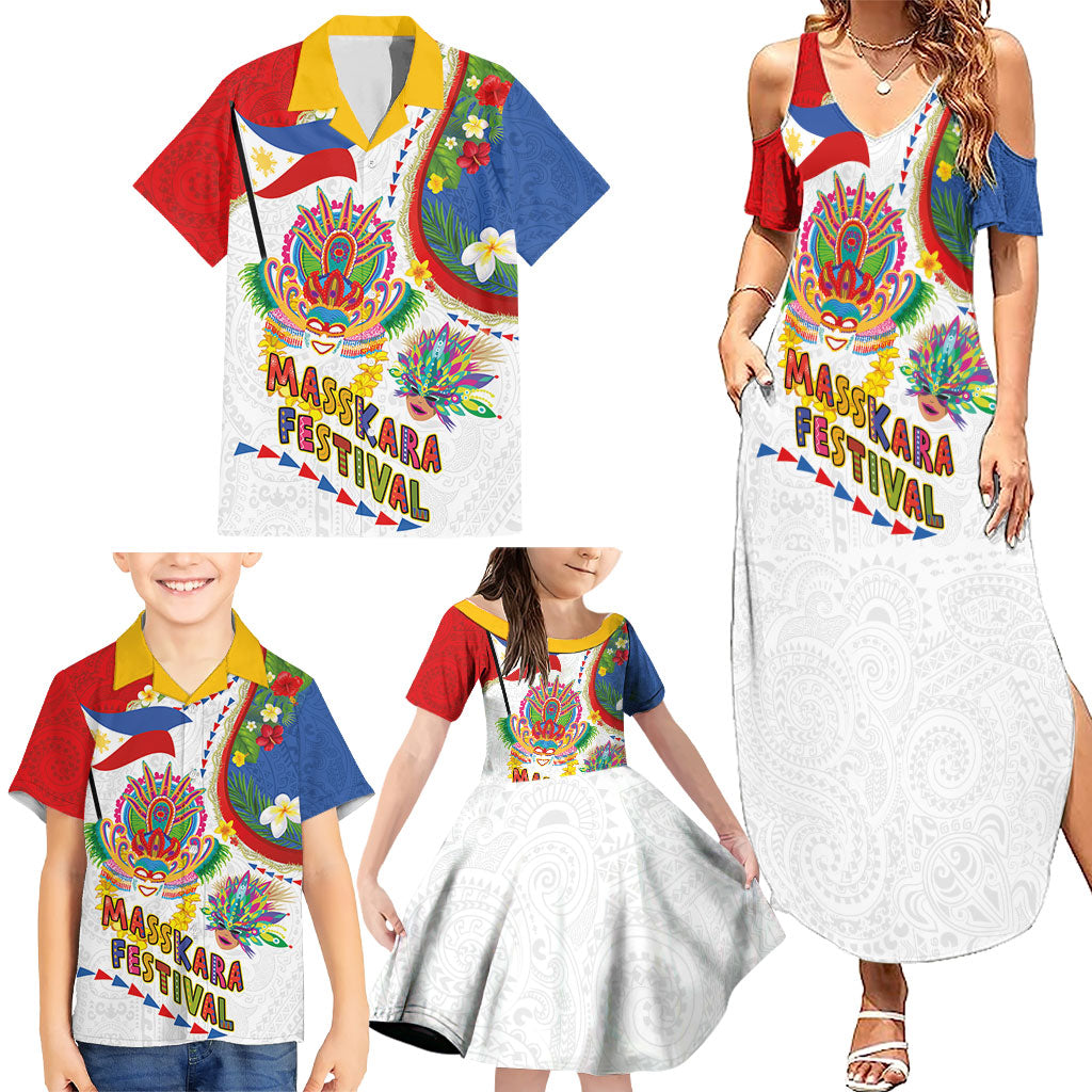 Philippines MassKara Festival Family Matching Summer Maxi Dress and Hawaiian Shirt Smile Masks with Hawaiian Art Pattern and Tropical Plants LT03 - Polynesian Pride