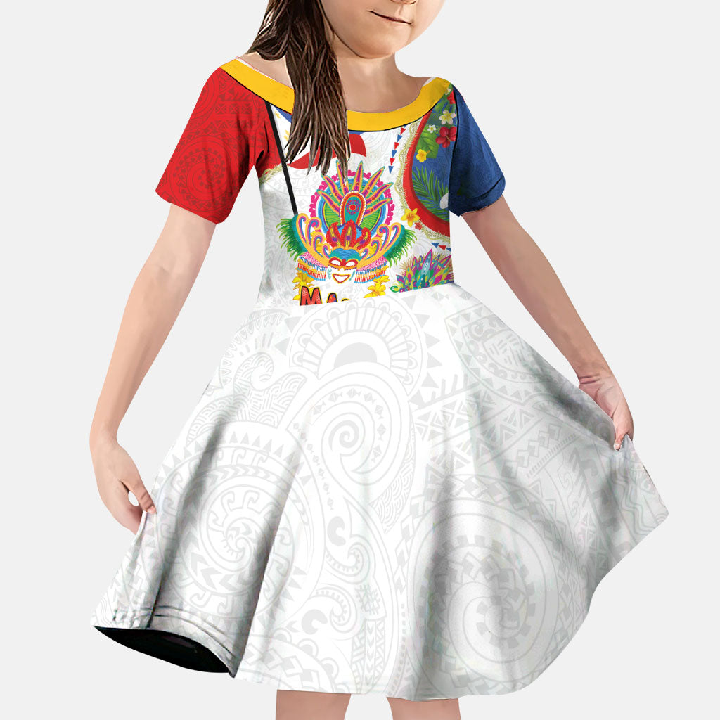 Philippines MassKara Festival Family Matching Tank Maxi Dress and Hawaiian Shirt Smile Masks with Hawaiian Art Pattern and Tropical Plants LT03 Daughter's Dress Multicolor - Polynesian Pride