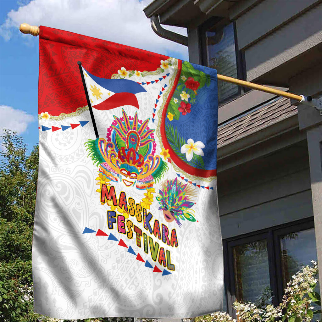 Philippines MassKara Festival Garden Flag Smile Masks with Hawaiian Art Pattern and Tropical Plants