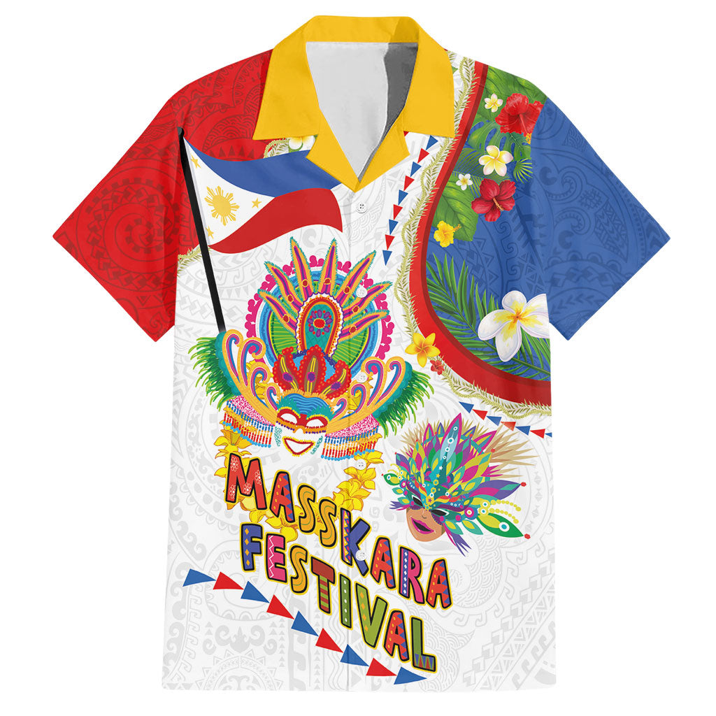 Philippines MassKara Festival Hawaiian Shirt Smile Masks with Hawaiian Art Pattern and Tropical Plants