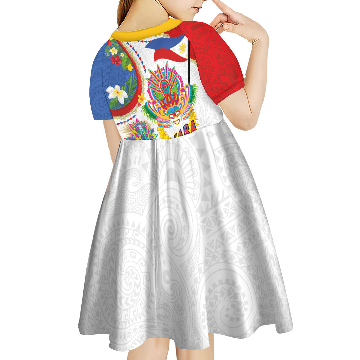 Philippines MassKara Festival Kid Short Sleeve Dress Smile Masks with Hawaiian Art Pattern and Tropical Plants