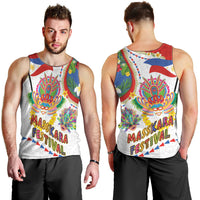 Philippines MassKara Festival Men Tank Top Smile Masks with Hawaiian Art Pattern and Tropical Plants