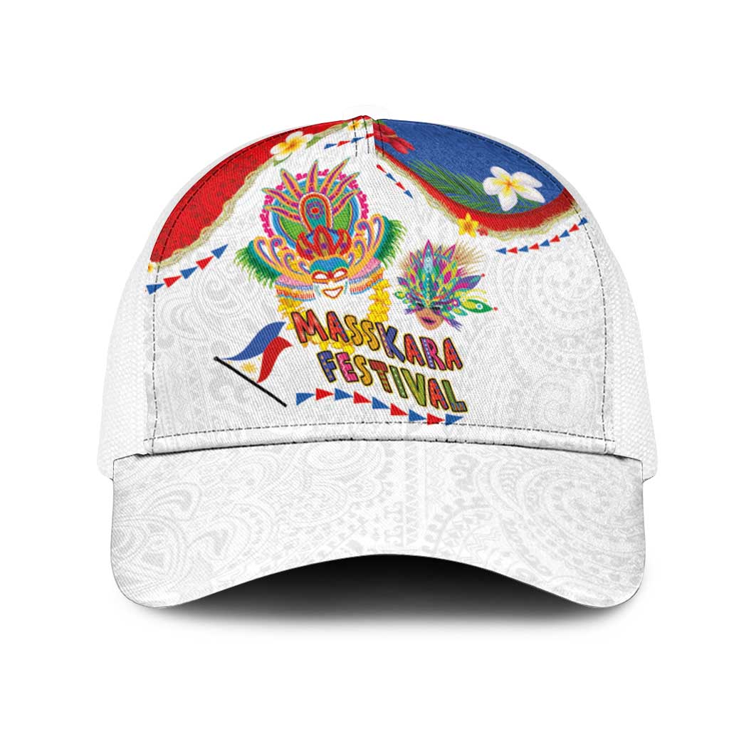 Philippines MassKara Festival Mesh Trucker Cap Smile Masks with Hawaiian Art Pattern and Tropical Plants