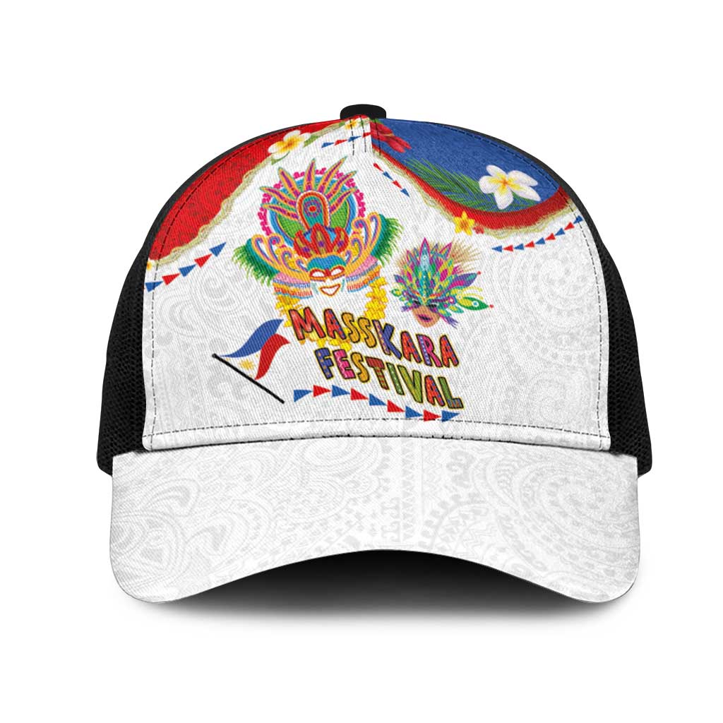 Philippines MassKara Festival Mesh Trucker Cap Smile Masks with Hawaiian Art Pattern and Tropical Plants