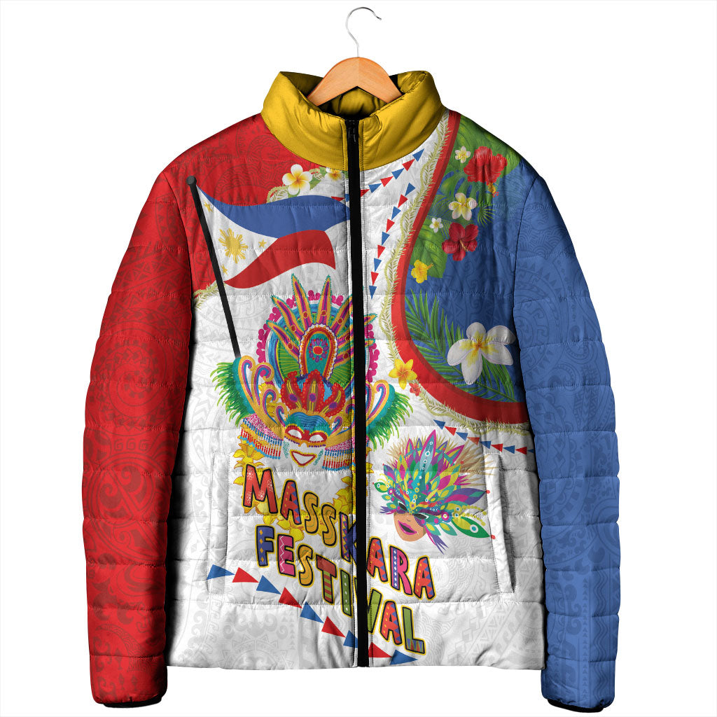 Philippines MassKara Festival Padded Jacket Smile Masks with Hawaiian Art Pattern and Tropical Plants