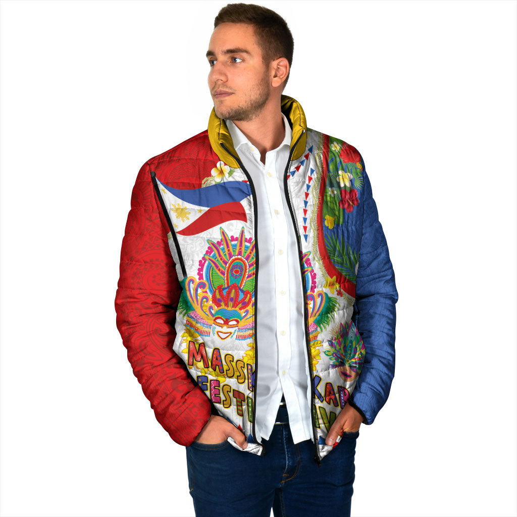 Philippines MassKara Festival Padded Jacket Smile Masks with Hawaiian Art Pattern and Tropical Plants
