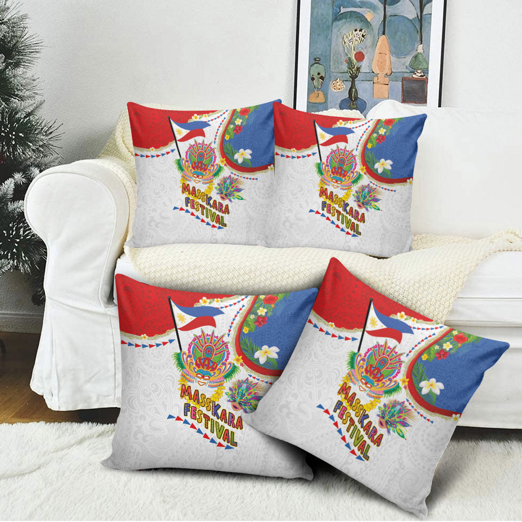 Philippines MassKara Festival Pillow Cover Smile Masks with Hawaiian Art Pattern and Tropical Plants