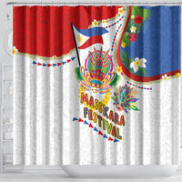 Philippines MassKara Festival Shower Curtain Smile Masks with Hawaiian Art Pattern and Tropical Plants