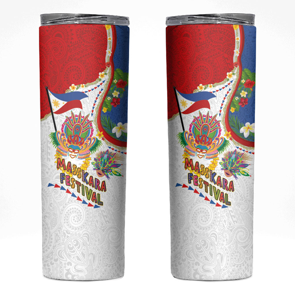 Philippines MassKara Festival Skinny Tumbler Smile Masks with Hawaiian Art Pattern and Tropical Plants