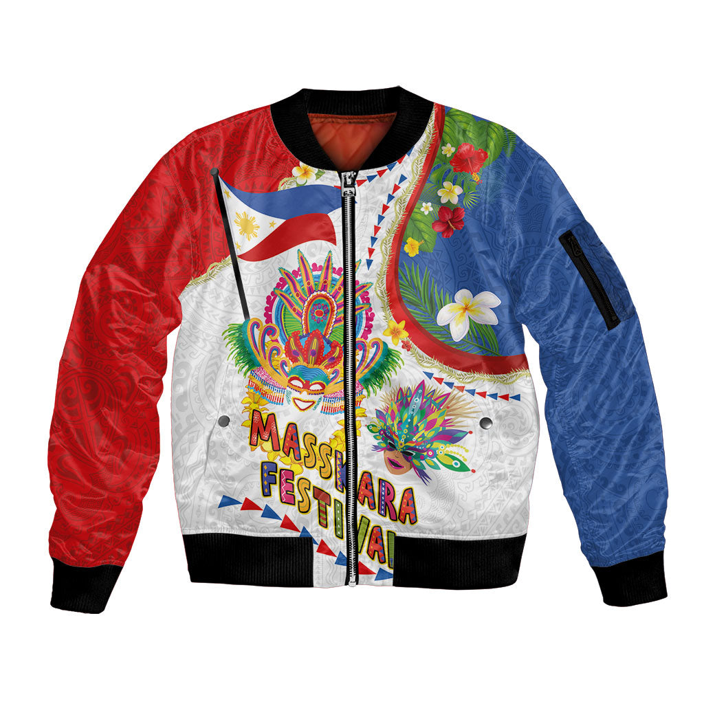 Philippines MassKara Festival Sleeve Zip Bomber Jacket Smile Masks with Hawaiian Art Pattern and Tropical Plants LT03 Unisex Multicolor - Polynesian Pride