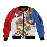 Philippines MassKara Festival Sleeve Zip Bomber Jacket Smile Masks with Hawaiian Art Pattern and Tropical Plants