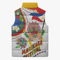 Philippines MassKara Festival Sleeveless Puffer Jacket Smile Masks with Hawaiian Art Pattern and Tropical Plants