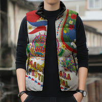 Philippines MassKara Festival Sleeveless Puffer Jacket Smile Masks with Hawaiian Art Pattern and Tropical Plants