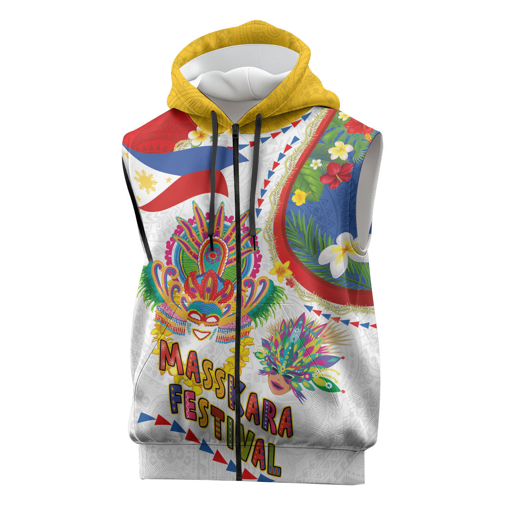 Philippines MassKara Festival Sleeveless Zip Hoodie Smile Masks with Hawaiian Art Pattern and Tropical Plants LT03 Multicolor - Polynesian Pride