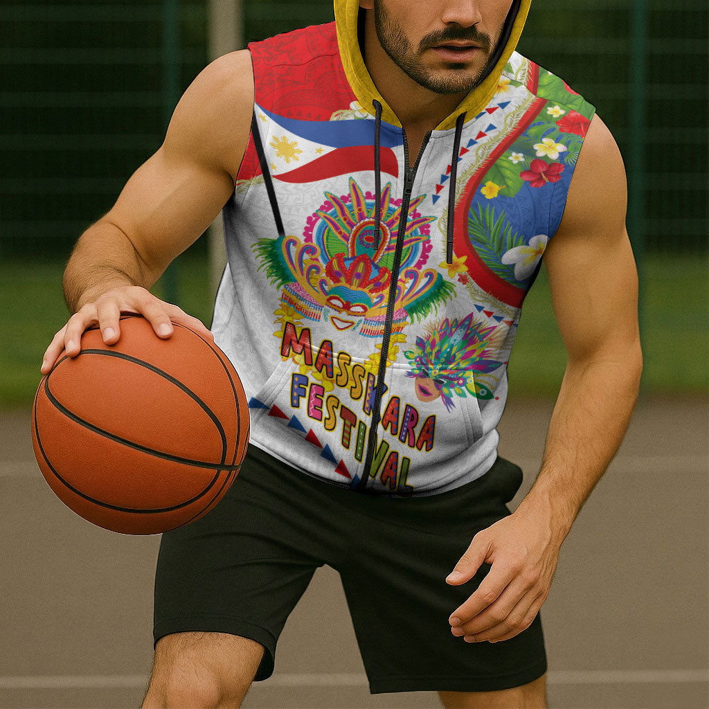 Philippines MassKara Festival Sleeveless Zip Hoodie Smile Masks with Hawaiian Art Pattern and Tropical Plants