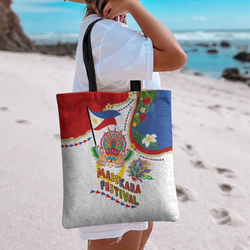 Philippines MassKara Festival Tote Bag Smile Masks with Hawaiian Art Pattern and Tropical Plants
