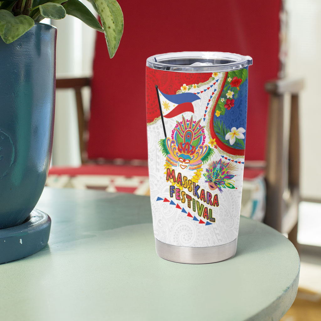 Philippines MassKara Festival Tumbler Cup Smile Masks with Hawaiian Art Pattern and Tropical Plants