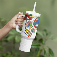 Philippines MassKara Festival Tumbler With Handle Smile Masks with Hawaiian Art Pattern and Tropical Plants