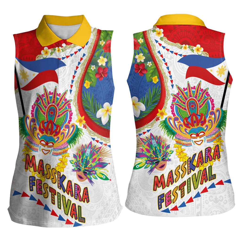 Philippines MassKara Festival Women Sleeveless Polo Shirt Smile Masks with Hawaiian Art Pattern and Tropical Plants