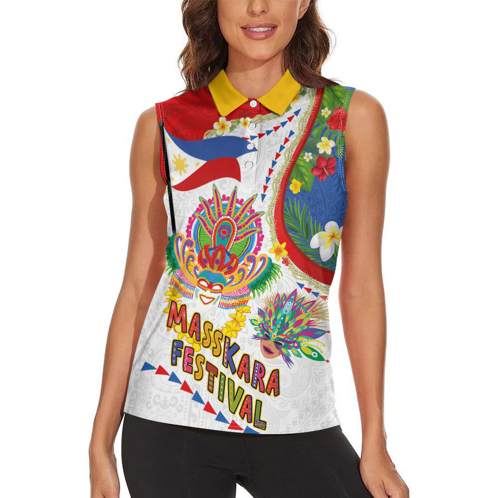 Philippines MassKara Festival Women Sleeveless Polo Shirt Smile Masks with Hawaiian Art Pattern and Tropical Plants