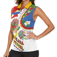 Philippines MassKara Festival Women Sleeveless Polo Shirt Smile Masks with Hawaiian Art Pattern and Tropical Plants