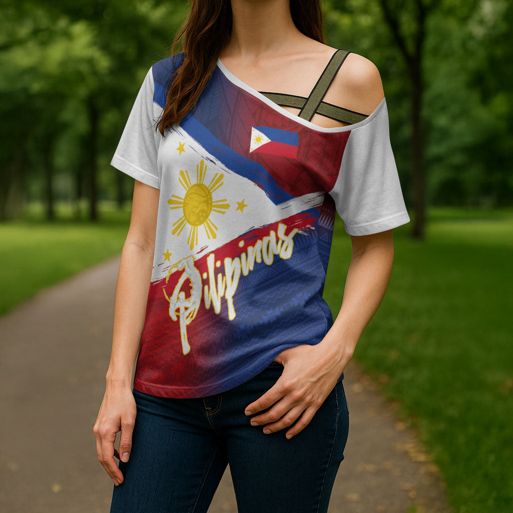 Philippines Basketball Custom Cross Shoulder Shirt Pilipinas Tribal Pattern