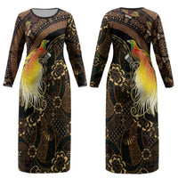 Papua New Guinea and Indonesia Batik Couples Matching Long Sleeve Bodycon Dress and Hawaiian Shirt Bird of Paradise with Tribal Batik Patterns LT03 - Polynesian Pride