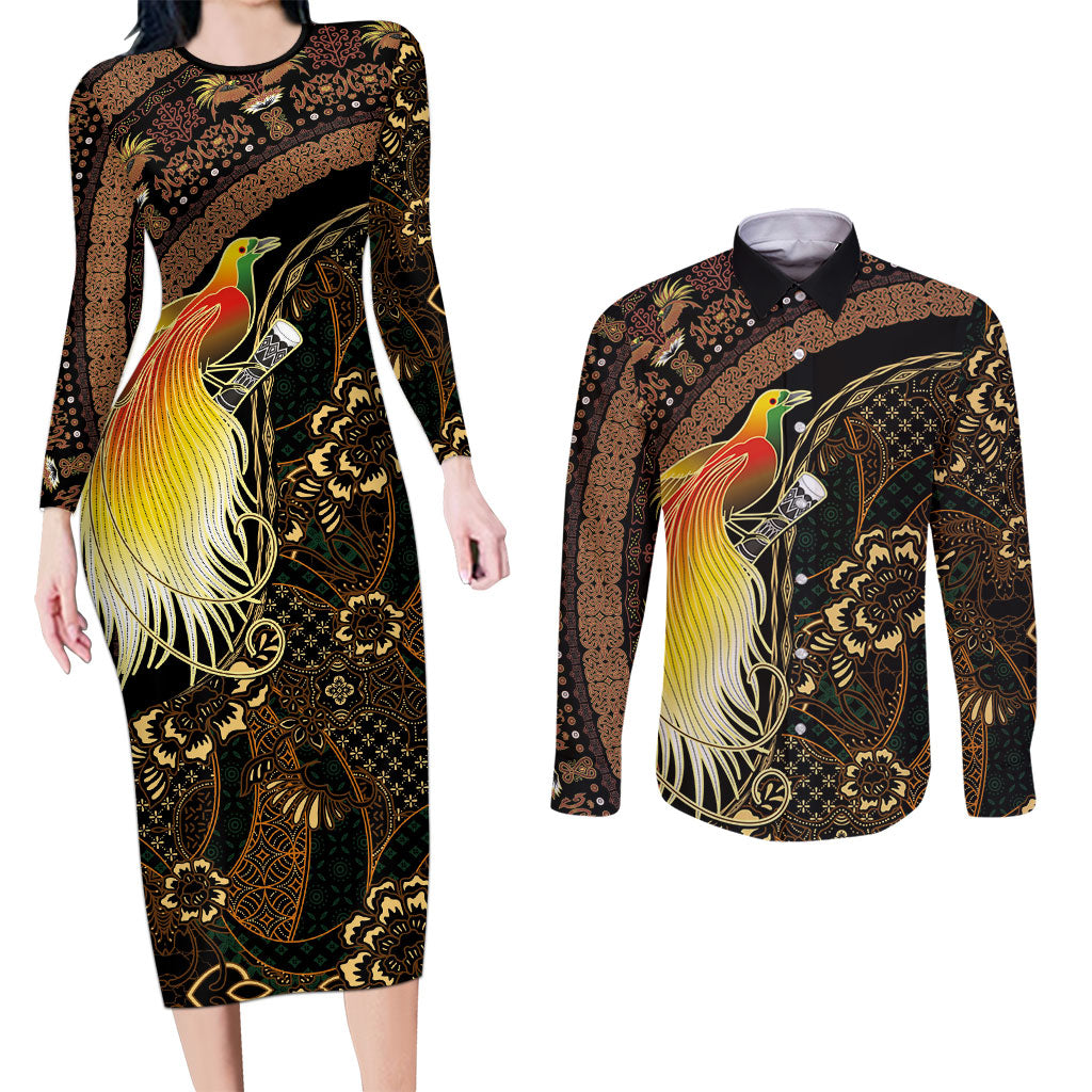 Papua New Guinea and Indonesia Batik Couples Matching Long Sleeve Bodycon Dress and Long Sleeve Button Shirt Bird of Paradise with Tribal Batik Patterns LT03 Multicolor - Polynesian Pride