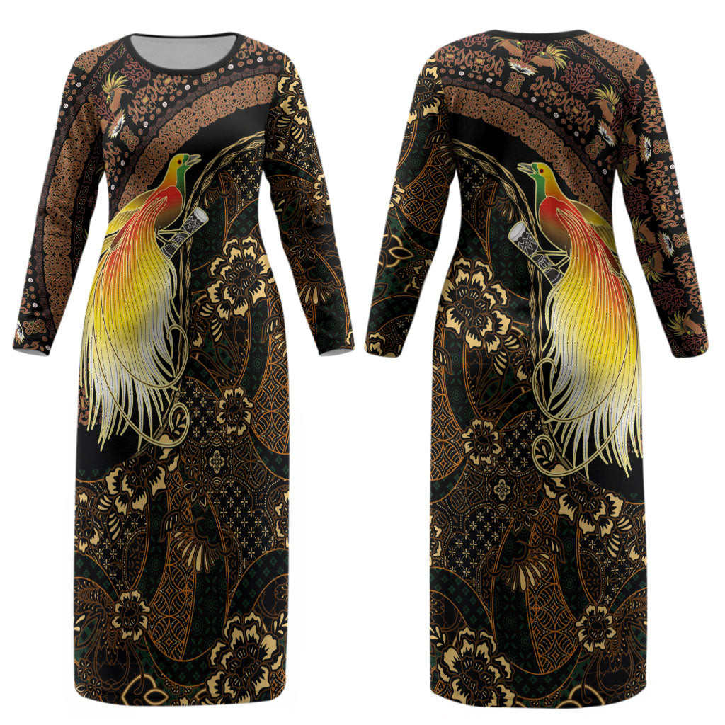 Papua New Guinea and Indonesia Batik Couples Matching Long Sleeve Bodycon Dress and Long Sleeve Button Shirt Bird of Paradise with Tribal Batik Patterns LT03 - Polynesian Pride