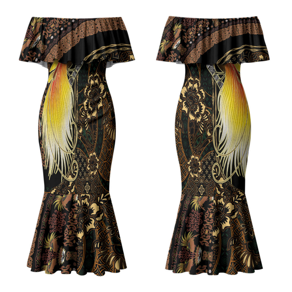 Papua New Guinea and Indonesia Batik Couples Matching Mermaid Dress and Long Sleeve Button Shirt Bird of Paradise with Tribal Batik Patterns LT03 - Polynesian Pride