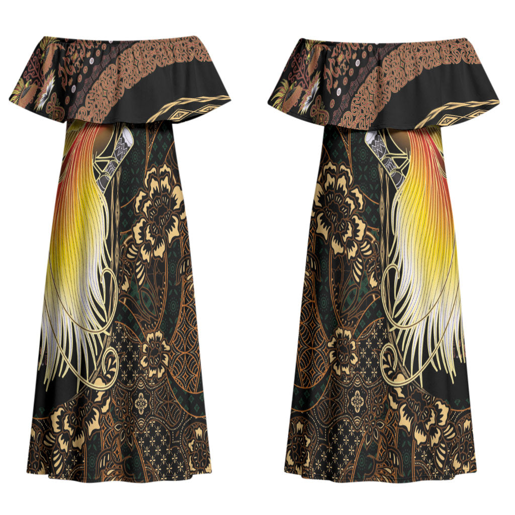 Papua New Guinea and Indonesia Batik Couples Matching Off Shoulder Maxi Dress and Hawaiian Shirt Bird of Paradise with Tribal Batik Patterns LT03 - Polynesian Pride