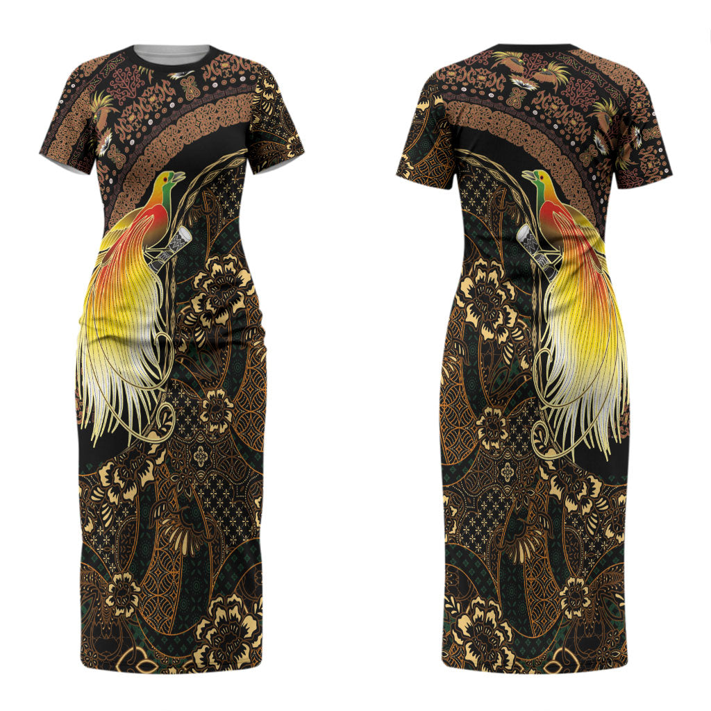 Papua New Guinea and Indonesia Batik Couples Matching Short Sleeve Bodycon Dress and Hawaiian Shirt Bird of Paradise with Tribal Batik Patterns LT03 - Polynesian Pride