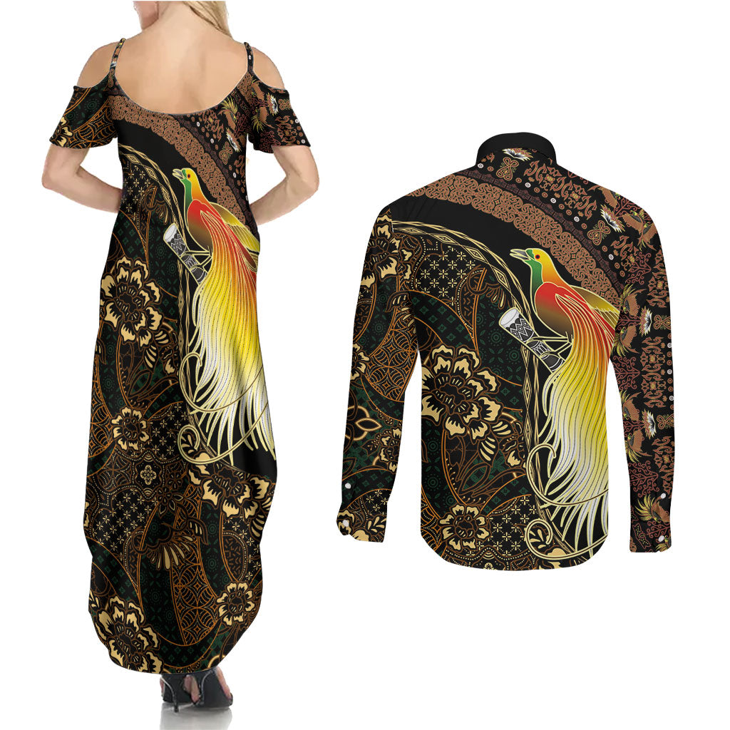 Papua New Guinea and Indonesia Batik Couples Matching Summer Maxi Dress and Long Sleeve Button Shirt Bird of Paradise with Tribal Batik Patterns