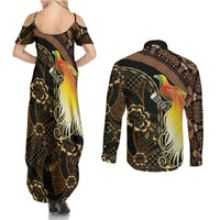 Papua New Guinea and Indonesia Batik Couples Matching Summer Maxi Dress and Long Sleeve Button Shirt Bird of Paradise with Tribal Batik Patterns