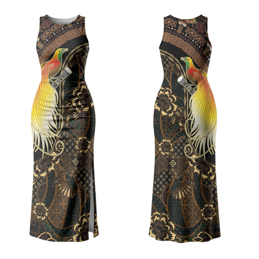 Papua New Guinea and Indonesia Batik Couples Matching Tank Maxi Dress and Hawaiian Shirt Bird of Paradise with Tribal Batik Patterns LT03 - Polynesian Pride