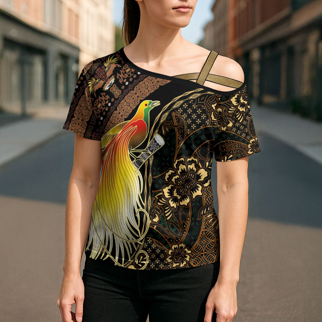Papua New Guinea and Indonesia Batik Cross Shoulder Shirt Bird of Paradise with Tribal Batik Patterns