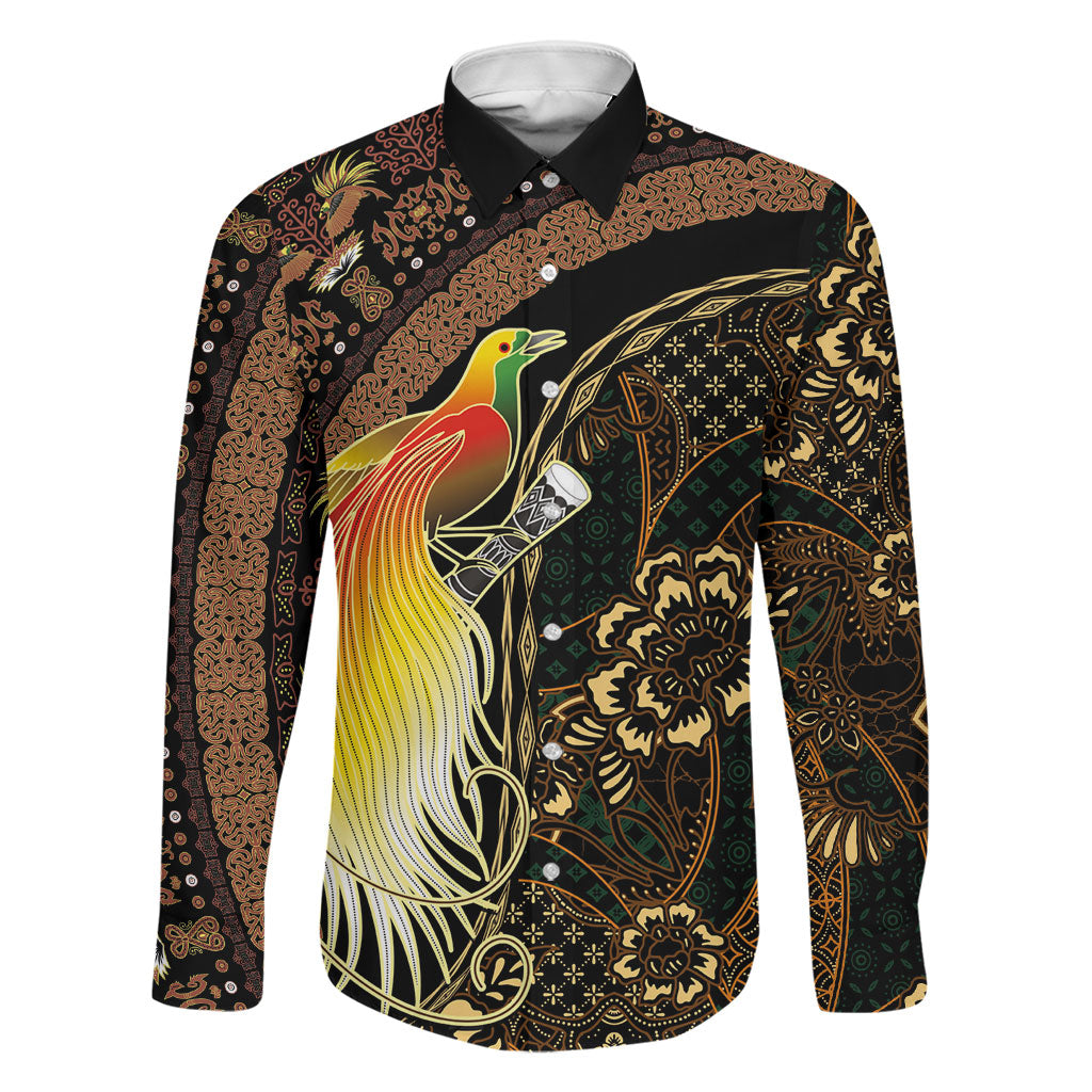 Papua New Guinea and Indonesia Batik Family Matching Puletasi and Hawaiian Shirt Bird of Paradise with Tribal Batik Patterns LT03 Dad's Shirt - Long Sleeve Multicolor - Polynesian Pride