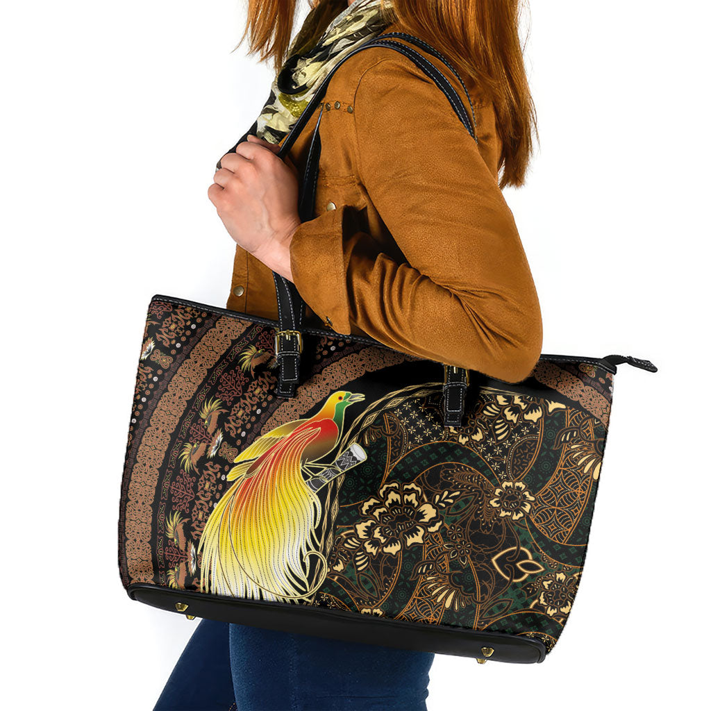 Papua New Guinea and Indonesia Batik Leather Tote Bag Bird of Paradise with Tribal Batik Patterns
