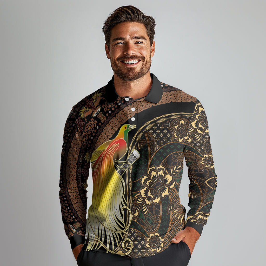 Papua New Guinea and Indonesia Batik Long Sleeve Polo Shirt Bird of Paradise with Tribal Batik Patterns