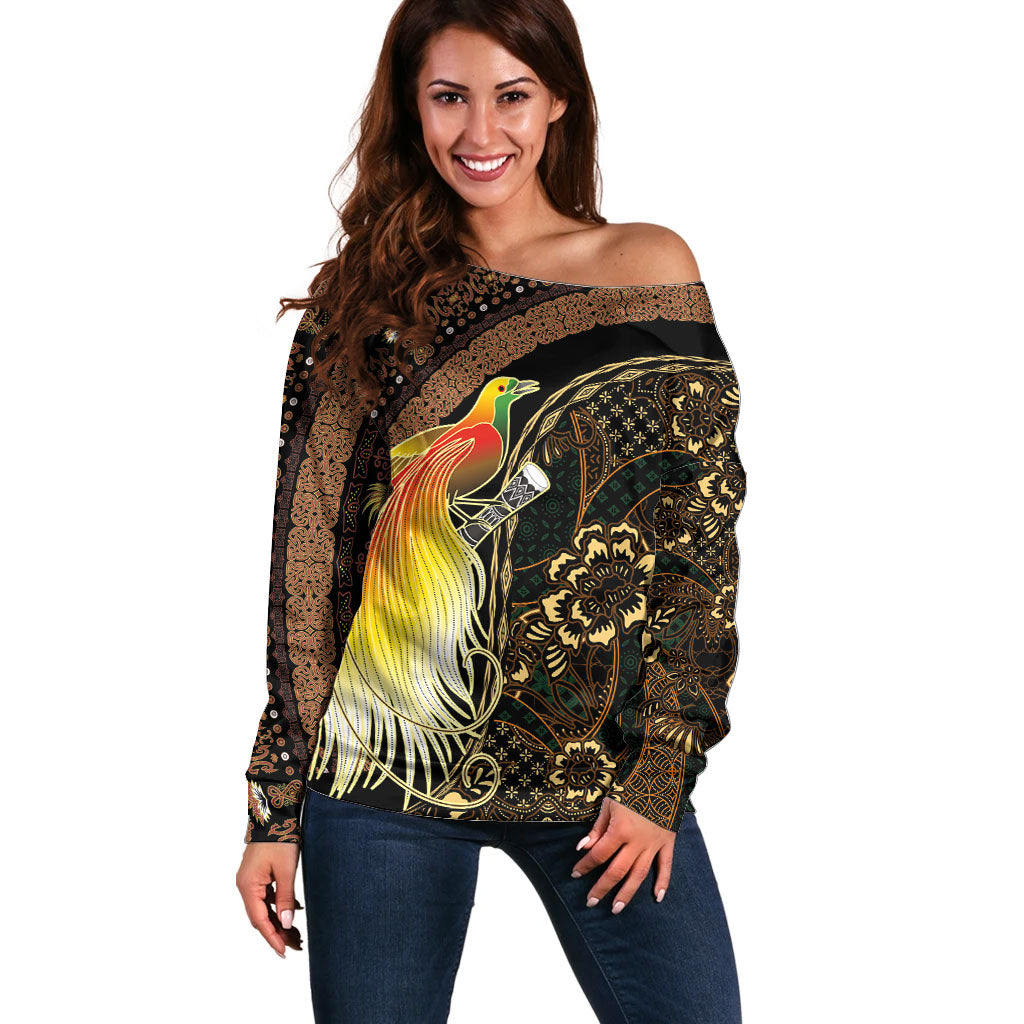 Papua New Guinea and Indonesia Batik Off Shoulder Sweater Bird of Paradise with Tribal Batik Patterns